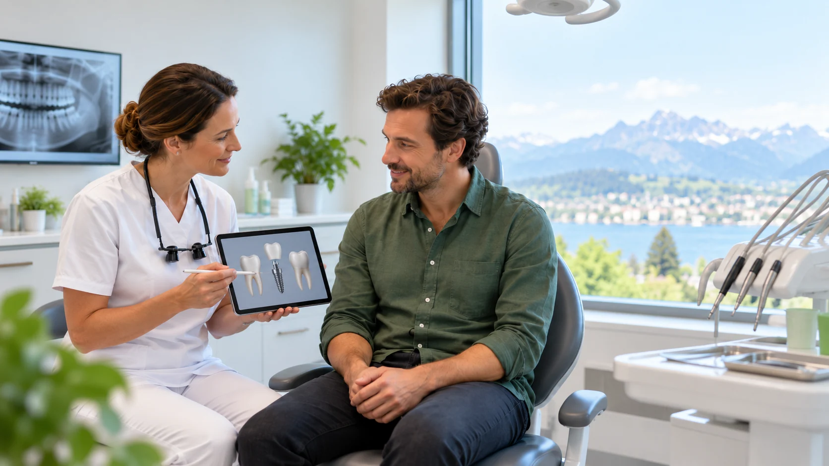 Dentista explica opções de tratamento a um paciente