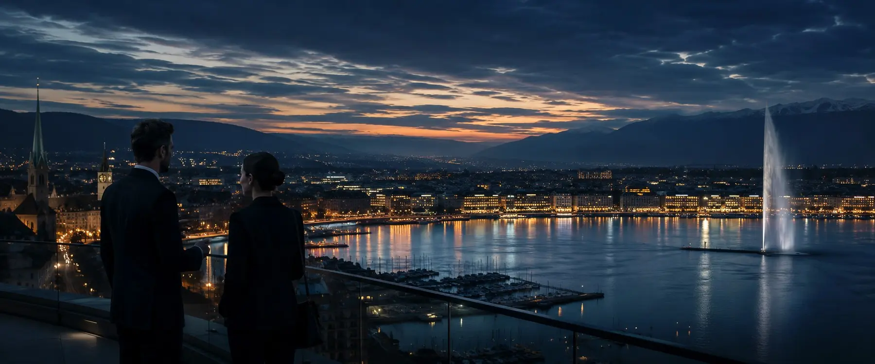 Vista de uma cidade suíça ao anoitecer, junto ao lago, com duas pessoas numa varanda